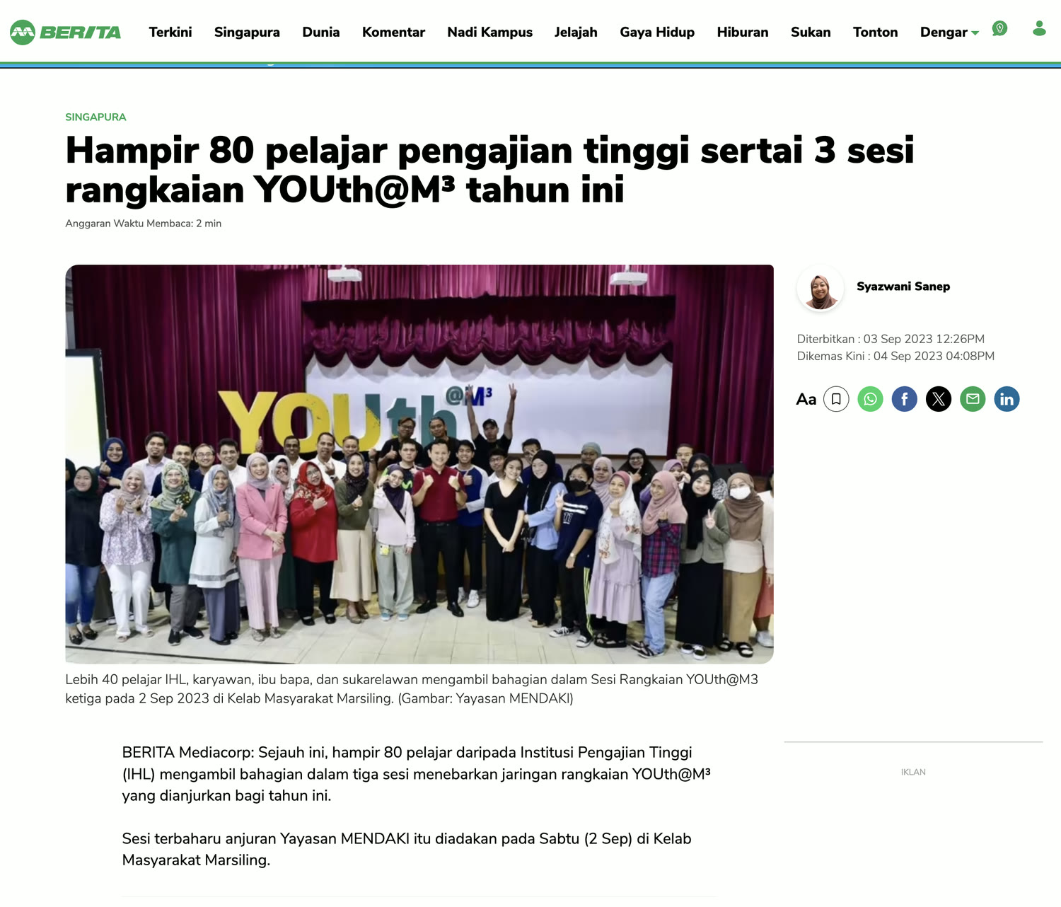 Hampir 80 pelajar pengajian tinggi sertai 3 sesi rangkaian YOUth@M³ tahun ini