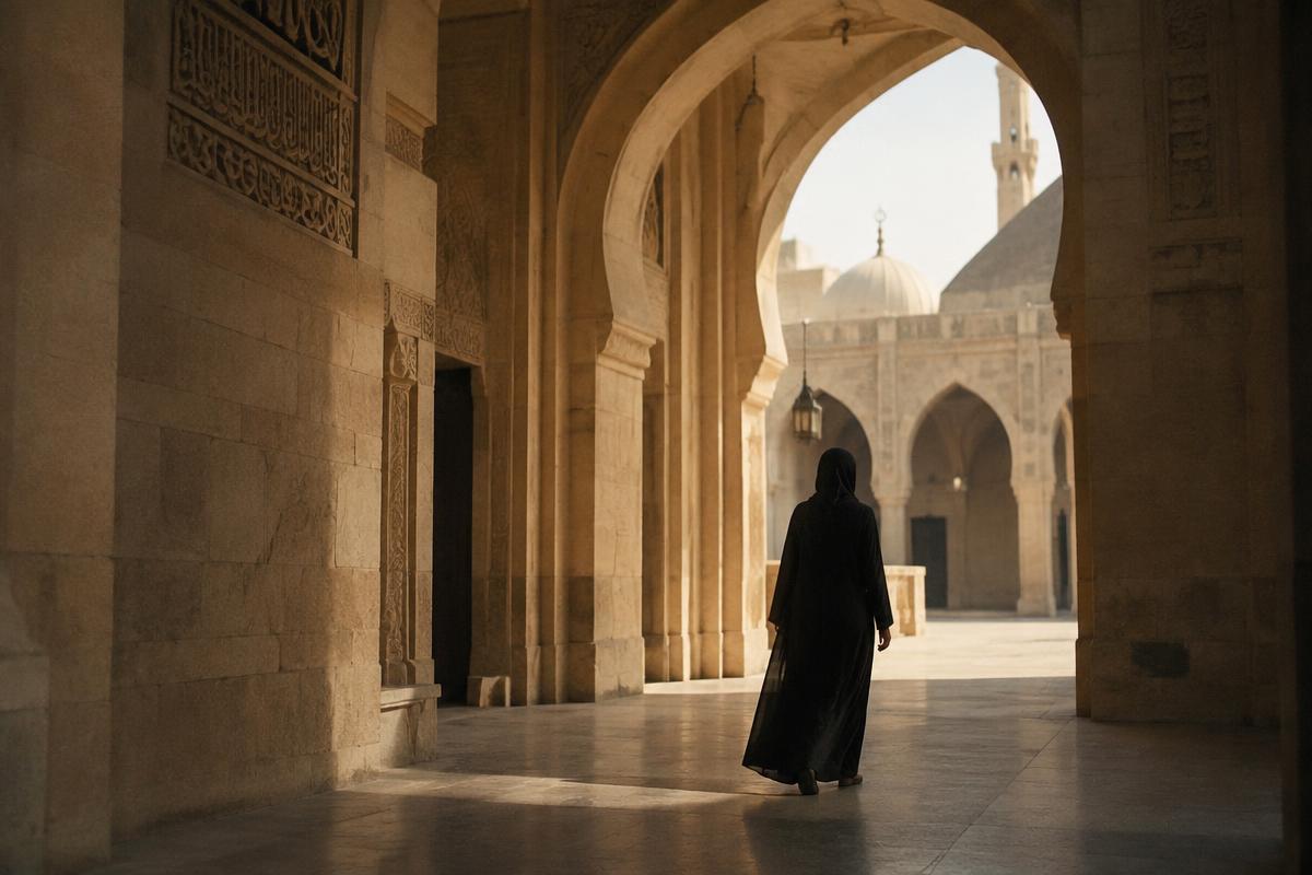 A woman walking through mosque archways